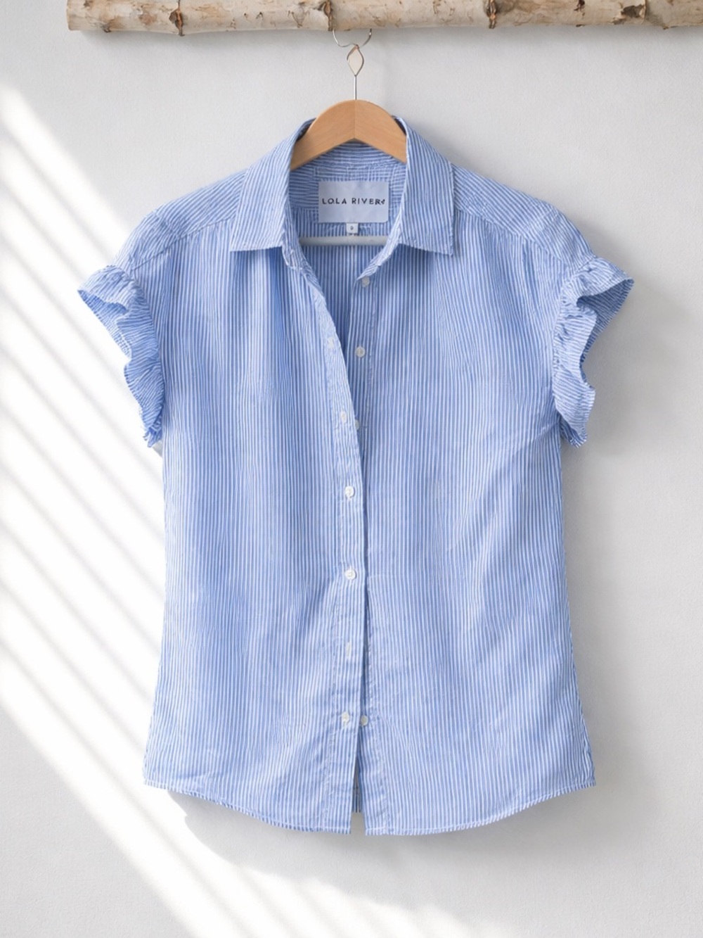 Lola River Blue White Striped Ruffle Sleeve Button Down Shirt Oversized Small